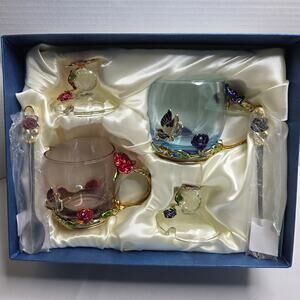 BTAT Brewed To A Tea Floral Butterfly Glass Tea Set Cups W/ Lids & Spoons
